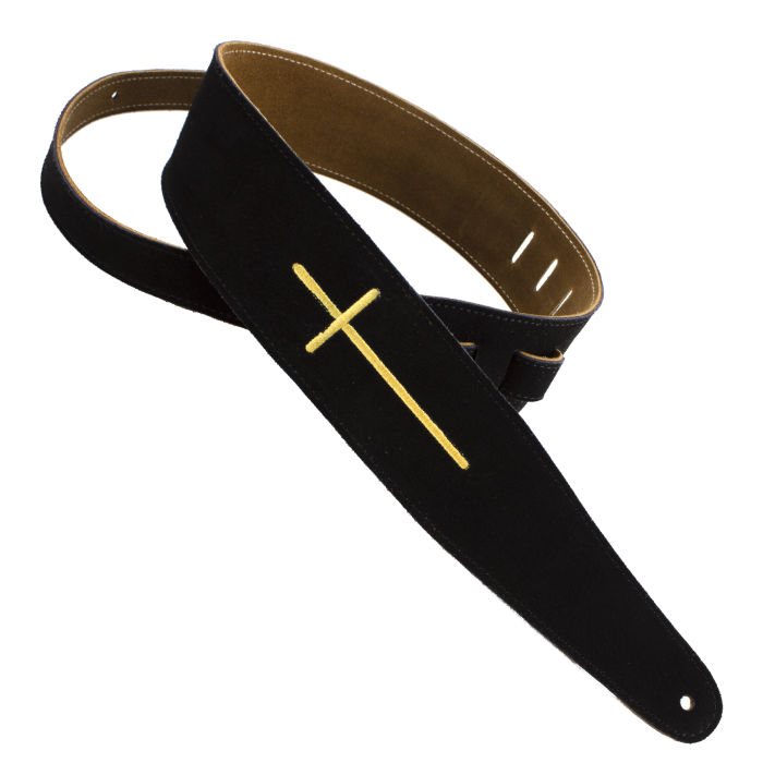 [HP25ESCR-01] Henry Heller 2.5" Black Suede Strap with Embroidered Gold Cross
