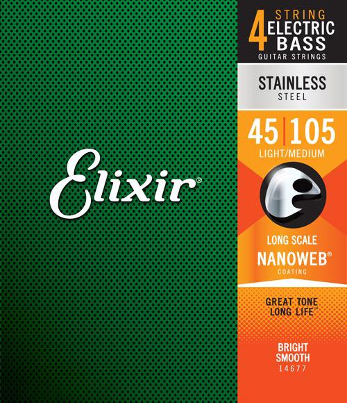 [14677] Elixir Nickel Plated Steel Bass Strings, NANOWEB, Long Scale Light, 45-105