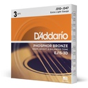 D'Addario 10-47 Extra Light, Phosphor Bronze Acoustic Guitar Strings 3-Pack