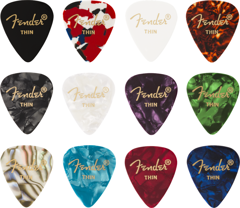 [980300100] Fender 351 Shape Picks, Celluloid Medley, Thin, 12 Pack