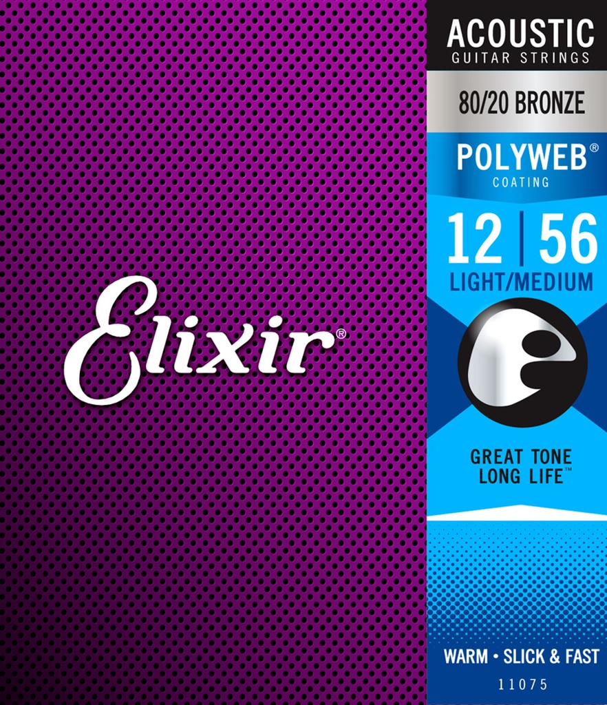 Elixir Polyweb Coated 80/20 Bronze Acoustic Guitar Strings 11075 Light Medium 12-56