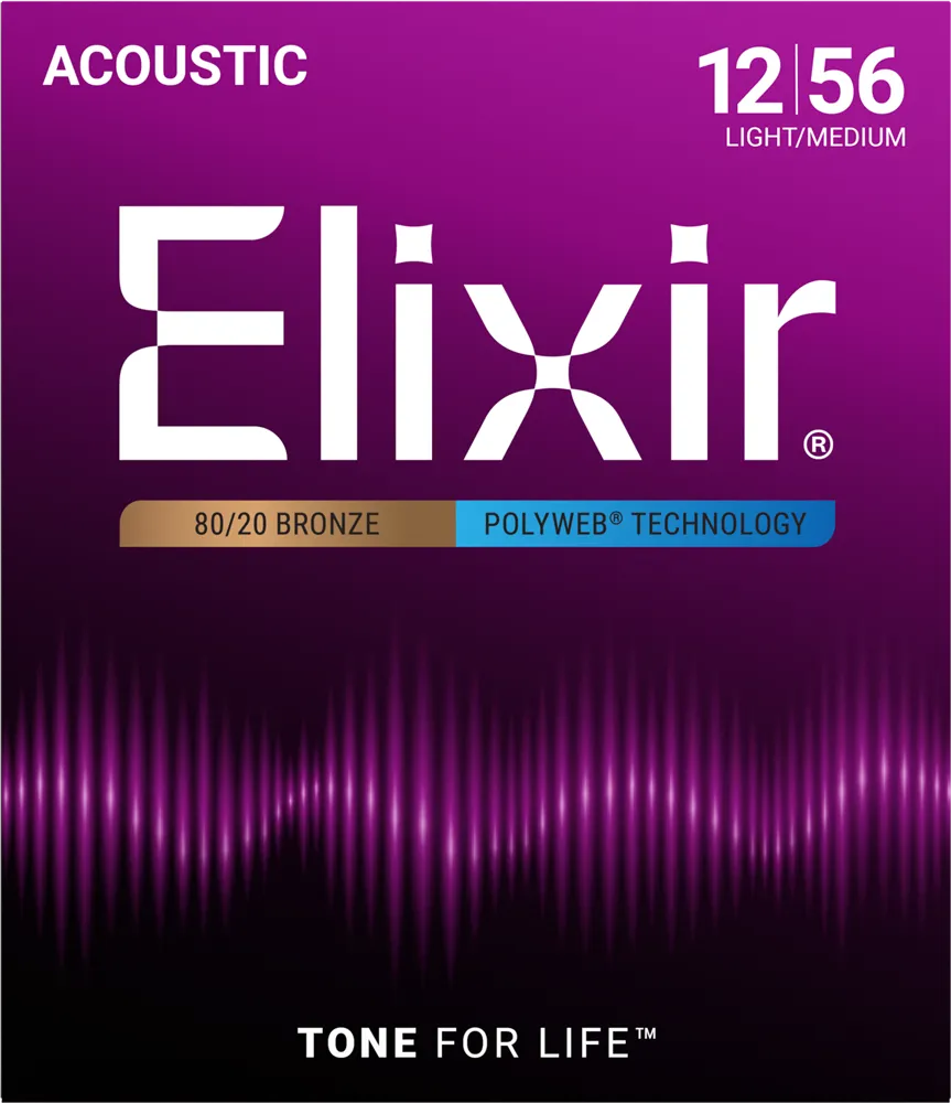 Elixir Polyweb Coated 80/20 Bronze Acoustic Guitar Strings 11075 Light Medium 12-56