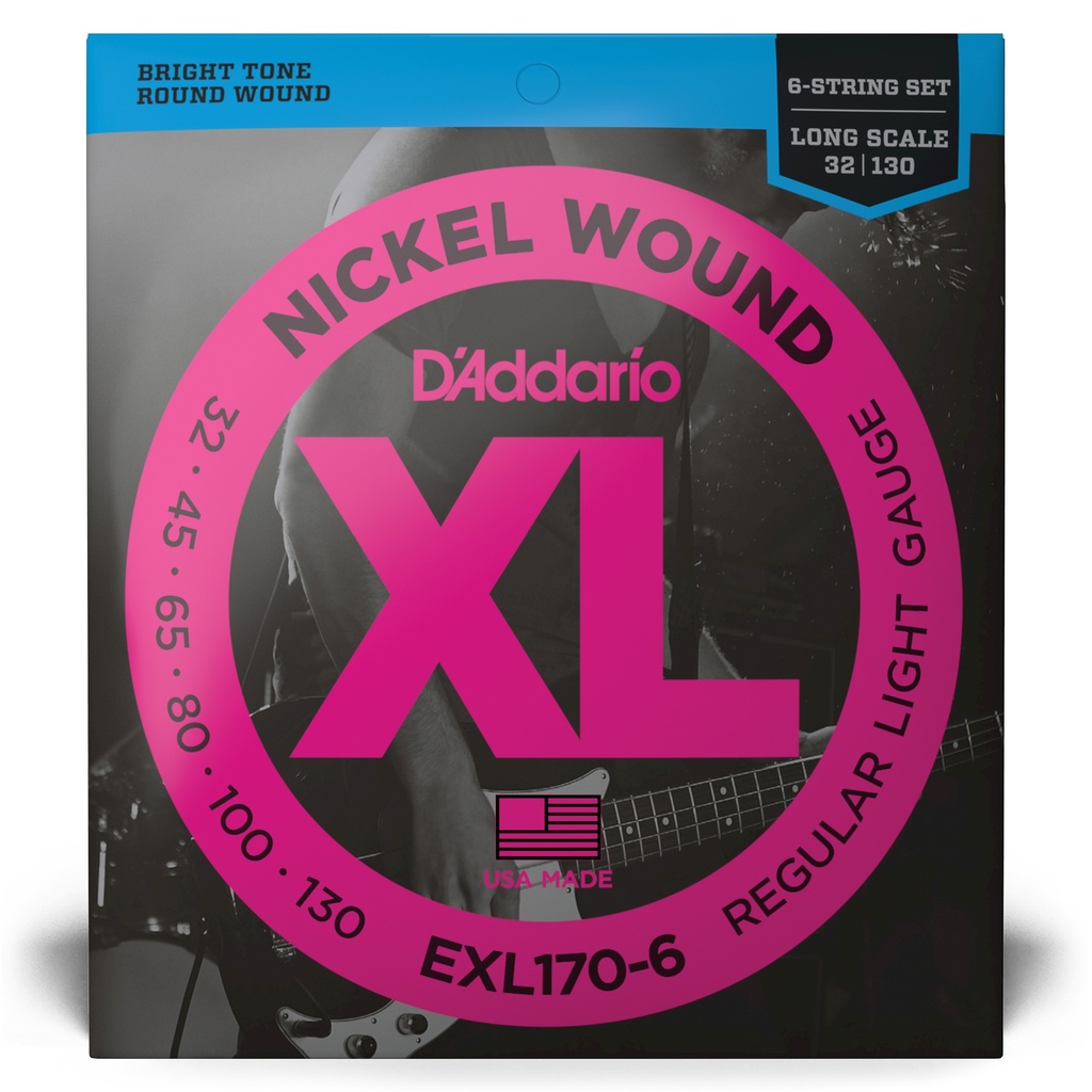 D'Addario 6-String Nickel Wound Bass Guitar Strings, Light, 32-130, Long Scale, EXL170-6