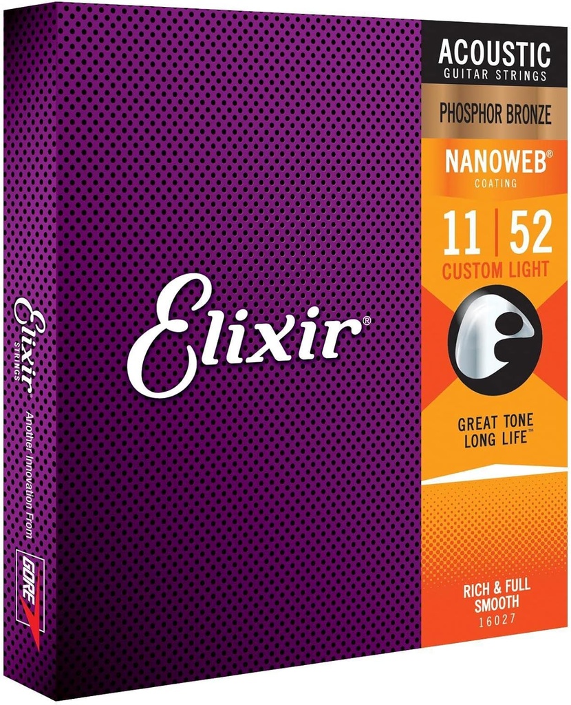 Elixir 16027 Phosphor Bronze Acoustic Guitar Strings with NANOWEB, Custom Light 11-52