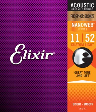 Elixir 16027 Phosphor Bronze Acoustic Guitar Strings with NANOWEB. Custom Light 11-52