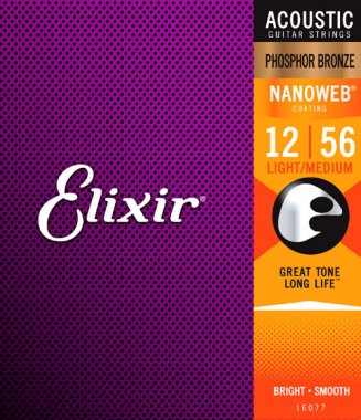 Elixir 16077 Phosphor Bronze Acoustic Guitar Strings with NANOWEB. Light Medium 12-56