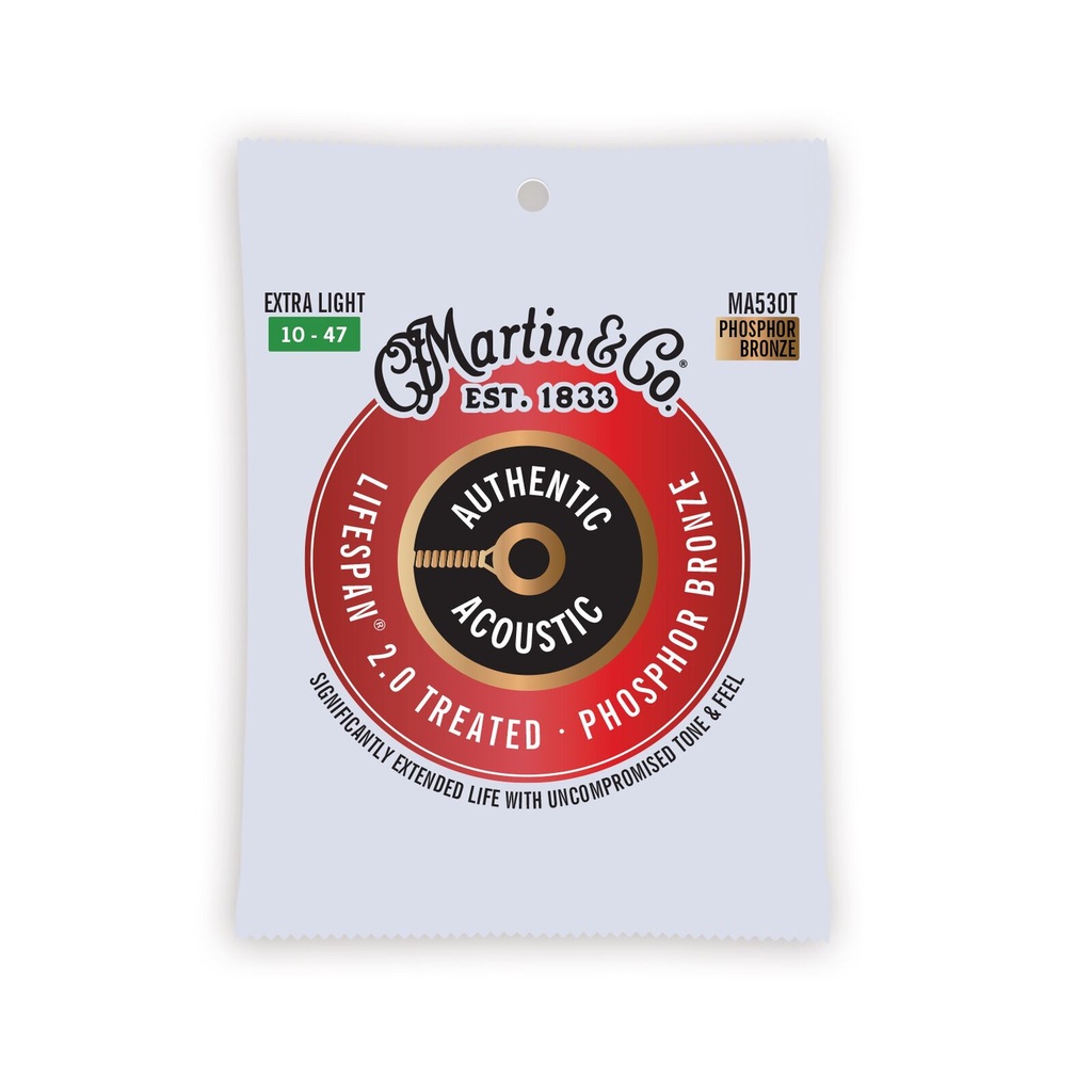 Martin MA530T Authentic Acoustic Lifespan 92/8 Phosphor Bronze Extra Light Guitar Strings. 10-47