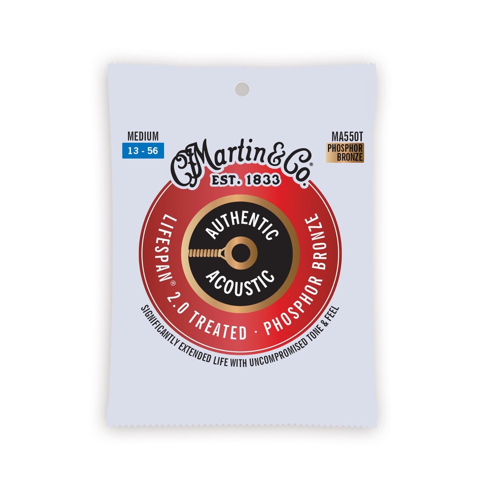 Martin MA550T Authentic Acoustic Lifespan 92/8 Phosphor Bronze Medium Guitar Strings. 13-56
