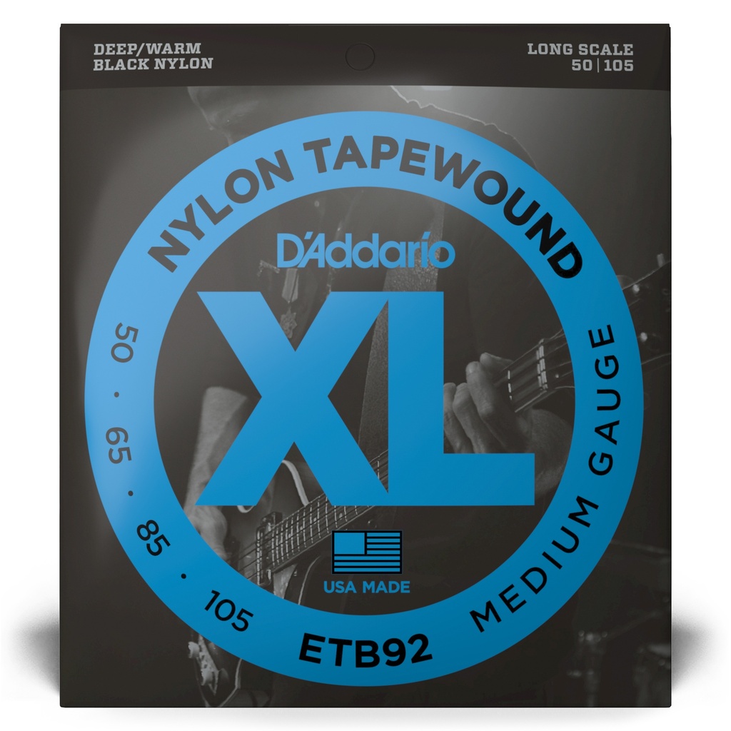 D'Addario XL Black Nylon Tapewound Bass Strings, 50-105 Medium, Long Scale, ETB92