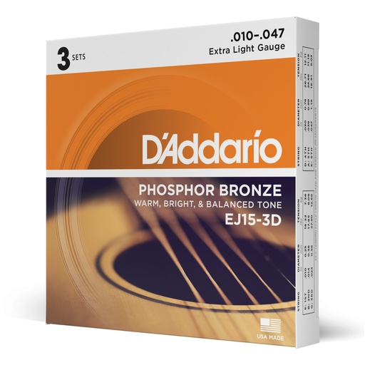 [EJ15-3D] D'Addario 10-47 Extra Light, Phosphor Bronze Acoustic Guitar Strings 3-Pack