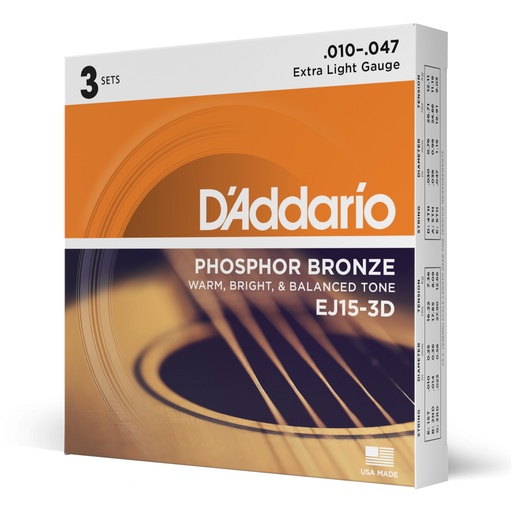 [Ej15-3D] D'Addario 10-47 Extra Light, Phosphor Bronze Acoustic Guitar Strings 3-Pack