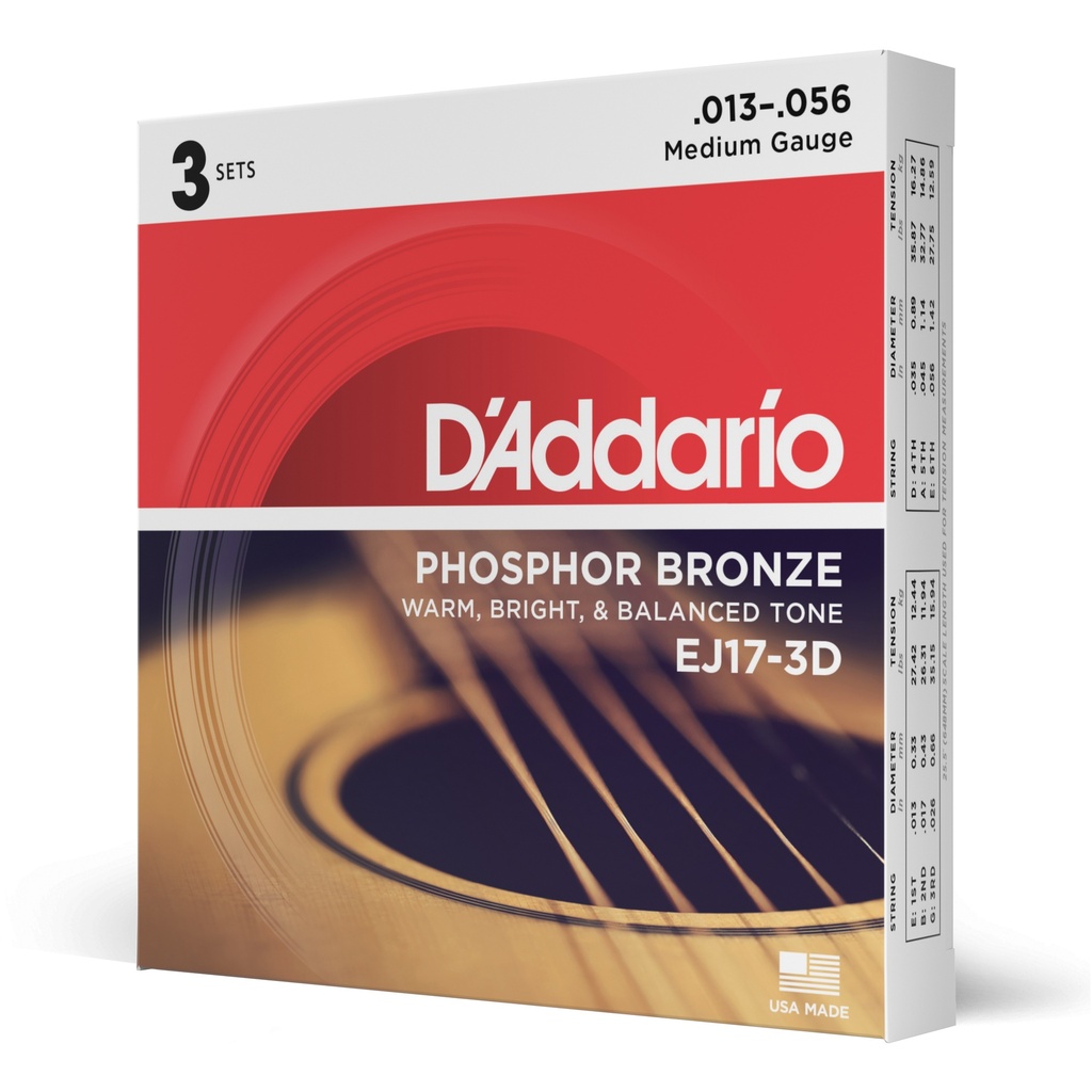 D'Addario 13-56 Medium, Phosphor Bronze Acoustic Guitar Strings 3-Pack