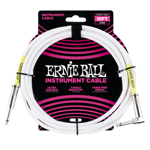 [P06049] Ernie Ball 10' Straight / Angle Instrument Cable, White  