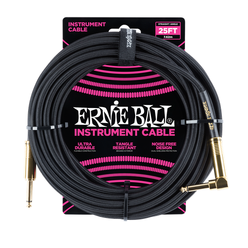 [P06058] Ernie Ball 25' Braided Straight / Angle Instrument Cable - Black  