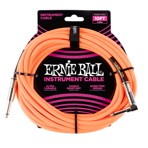 [P06079] Ernie Ball 10' Braided Straight / Angle Instrument Cable - Neon Orange