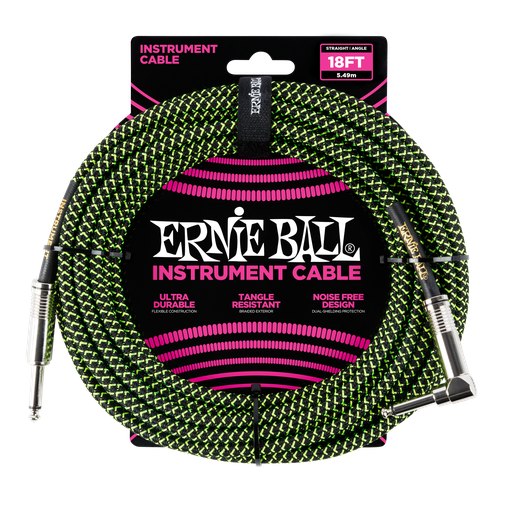 [P06082] Ernie Ball 18' Braided Straight / Angle Instrument Cable - Black / Green