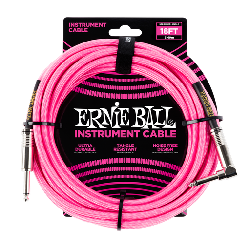 [P06083] Ernie Ball 18' Braided Straight / Angle Instrument Cable - Neon Pink