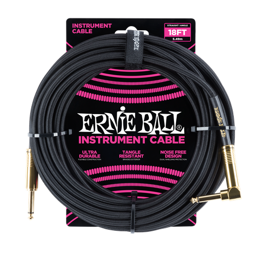 [P06086] Ernie Ball 18' Braided Straight / Angle Instrument Cable - Black w/Gold Connectors