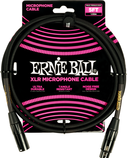 [P06390] Ernie Ball 5' Braided Male Female XLR Microphone Cable Black