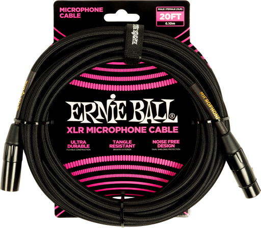 [P06392] Ernie Ball 20' Braided Male Female XLR Microphone Cable Black