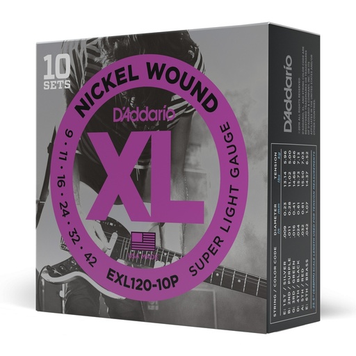 [EXL120-10P] D'Addario XL Nickel Wound Electric Strings, Super Light, 9-42, EXL120-10P, 10 Pack