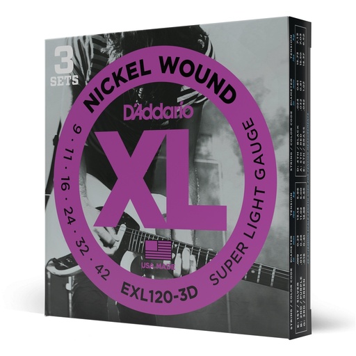 [EXL120-3D] D'Addario XL Nickel Wound Electric Strings, Super Light, 9-42, EXL120-3D, 3 Pack