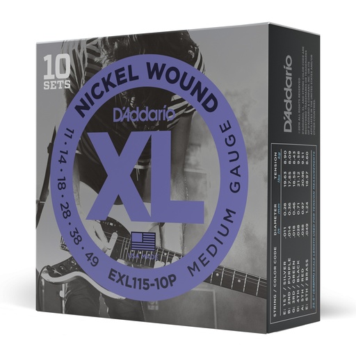 [EXL115-10P] D'Addario XL Nickel Wound Strings, 11-49 Medium, EXL115-10P, 10 Pack