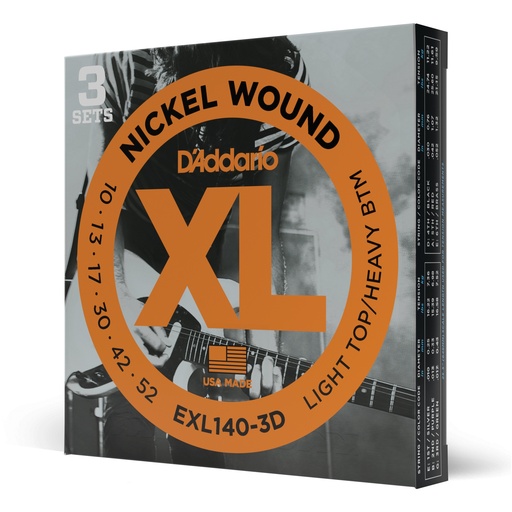 [EXL140-3D] D'Addario 10-52 Light Top/Heavy Bottom, XL Nickel Electric Guitar Strings 3-Pack