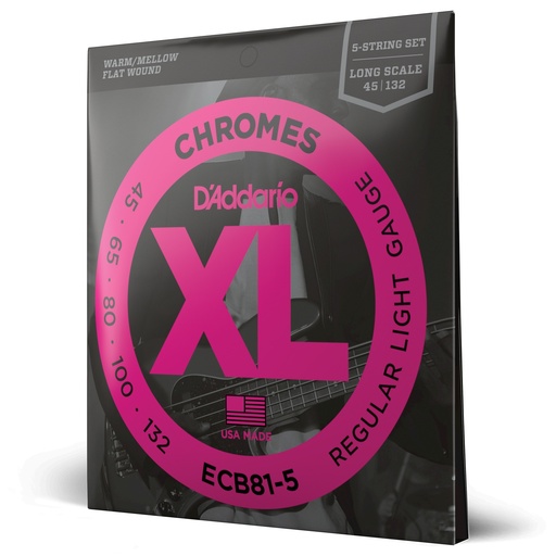 [ECB81-5] D'Addario 45-132 Regular Light 5-String, Long Scale, XL Chromes Flatwound Bass Strings