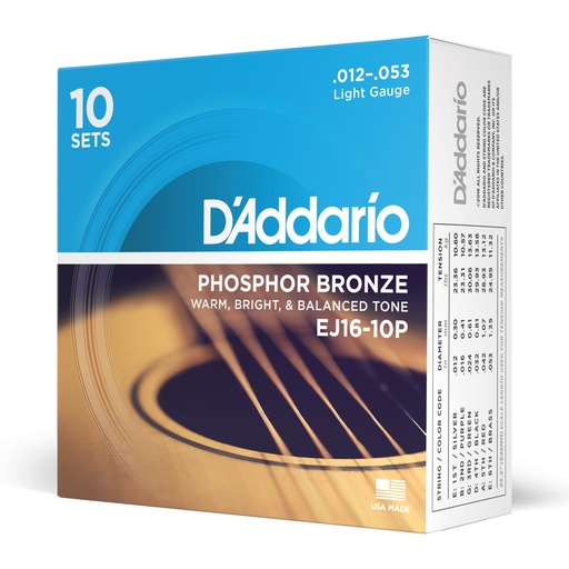 [EJ16-10P] D'Addario 12-53 Light, Phosphor Bronze Acoustic Guitar Strings 10-Pack