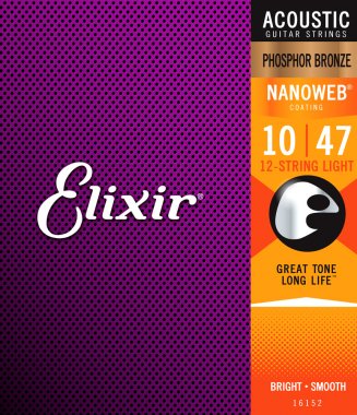 [16152] Elixir 16152 Phosphor Bronze (12 String) Acoustic Guitar Strings with NANOWEB. Light 10-47 & 10-27