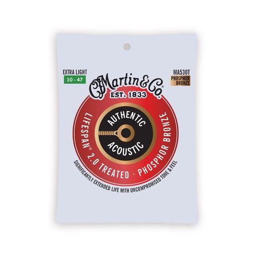 [MA530T] Martin MA530T Authentic Acoustic Lifespan 92/8 Phosphor Bronze Extra Light Guitar Strings. 10-47